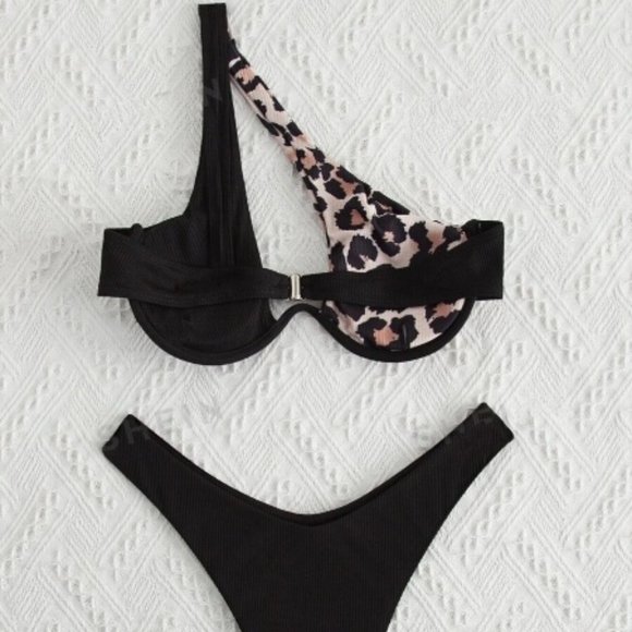 Sexy Leopard Ribbed Bikini One Shoulder Bra & High Cut Bottom - Picture 3 of 3